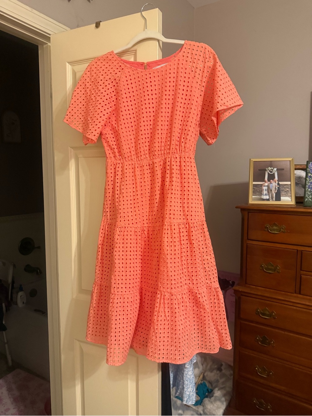 Coral Eyelet Tiered Midi Dress